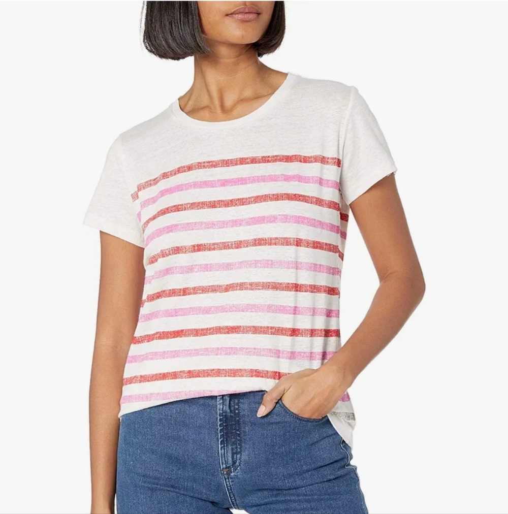 Majestic Filatures Linen Blend Striped Short Sleeve Minimalist Summer Tee Size S